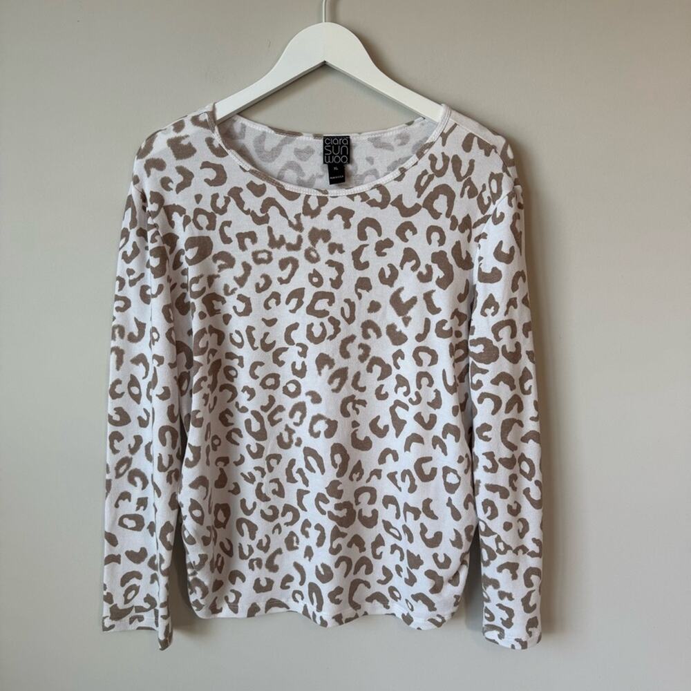 Clara SunWoo | White Brown Leopard Print Long Sleeve Cozy Top Size XL